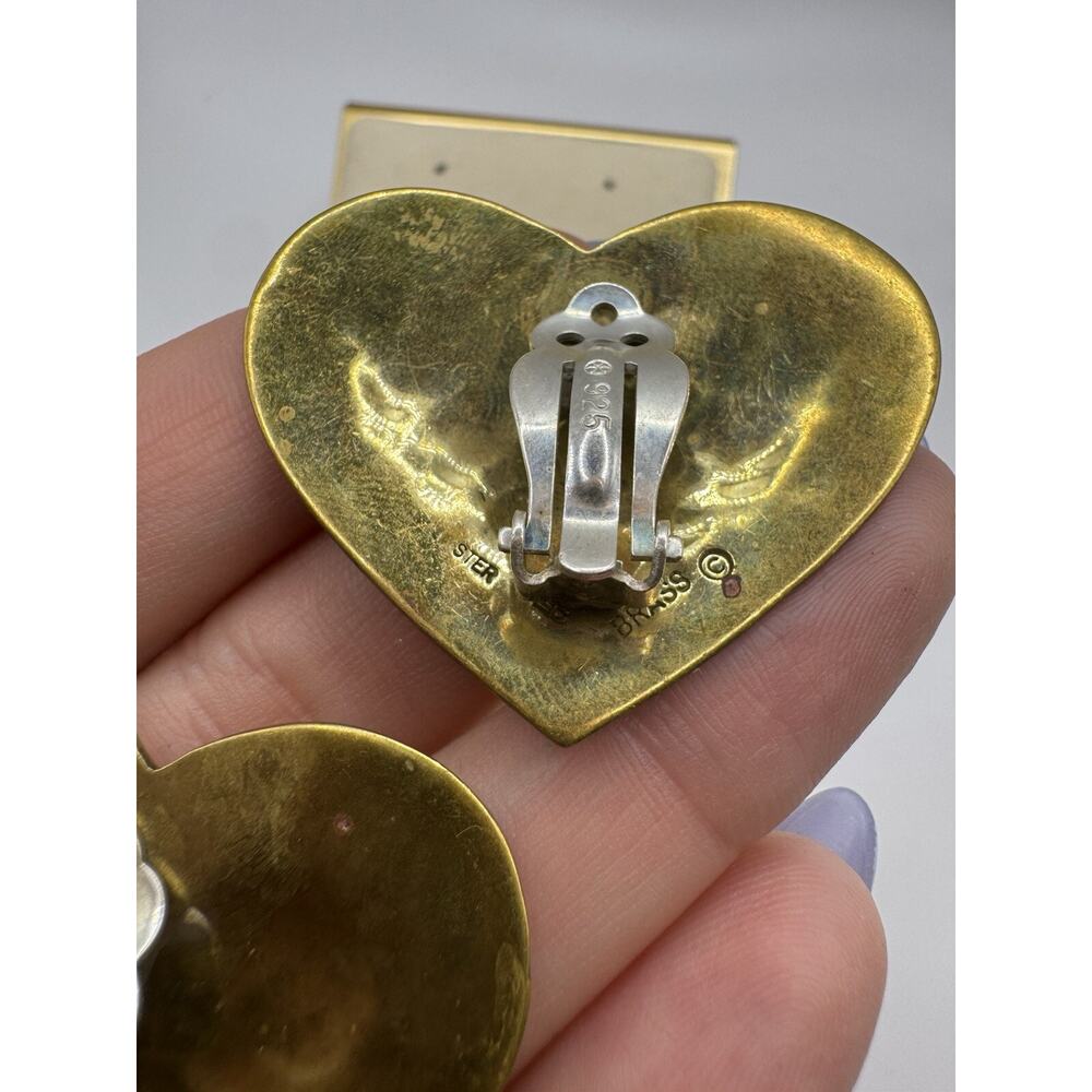 Vintage Sterling Silver & Brass Jeep Collins Retired Large Heart Clip Earrings - Picture 4 of 6